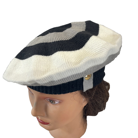 New Y2K Juicy Couture Beret Knit Ribbed Hat Black Gray White Cozy Chic Preppy - Picture 1 of 9